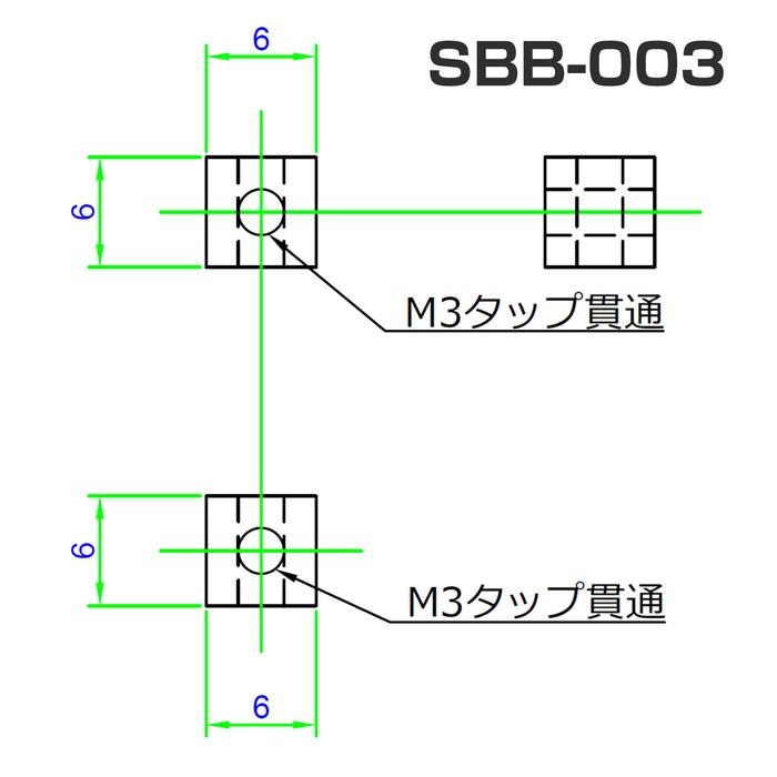 写真：基板垂直取付用ブロック（6mm角）（SBB-003）：寸法図